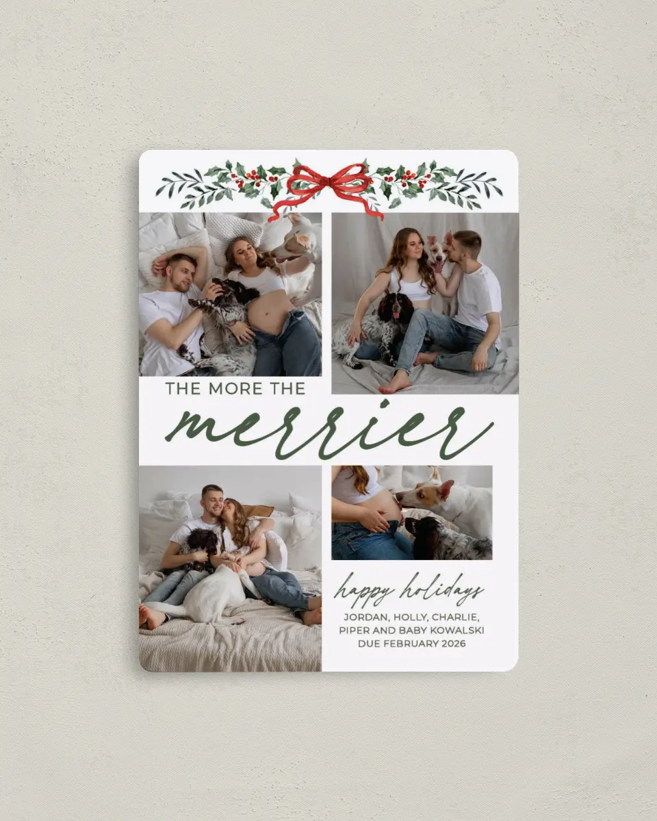 This is a 4" x 5½" Christmas Card called More Merriment printed in full color with a Luxe Satin finish