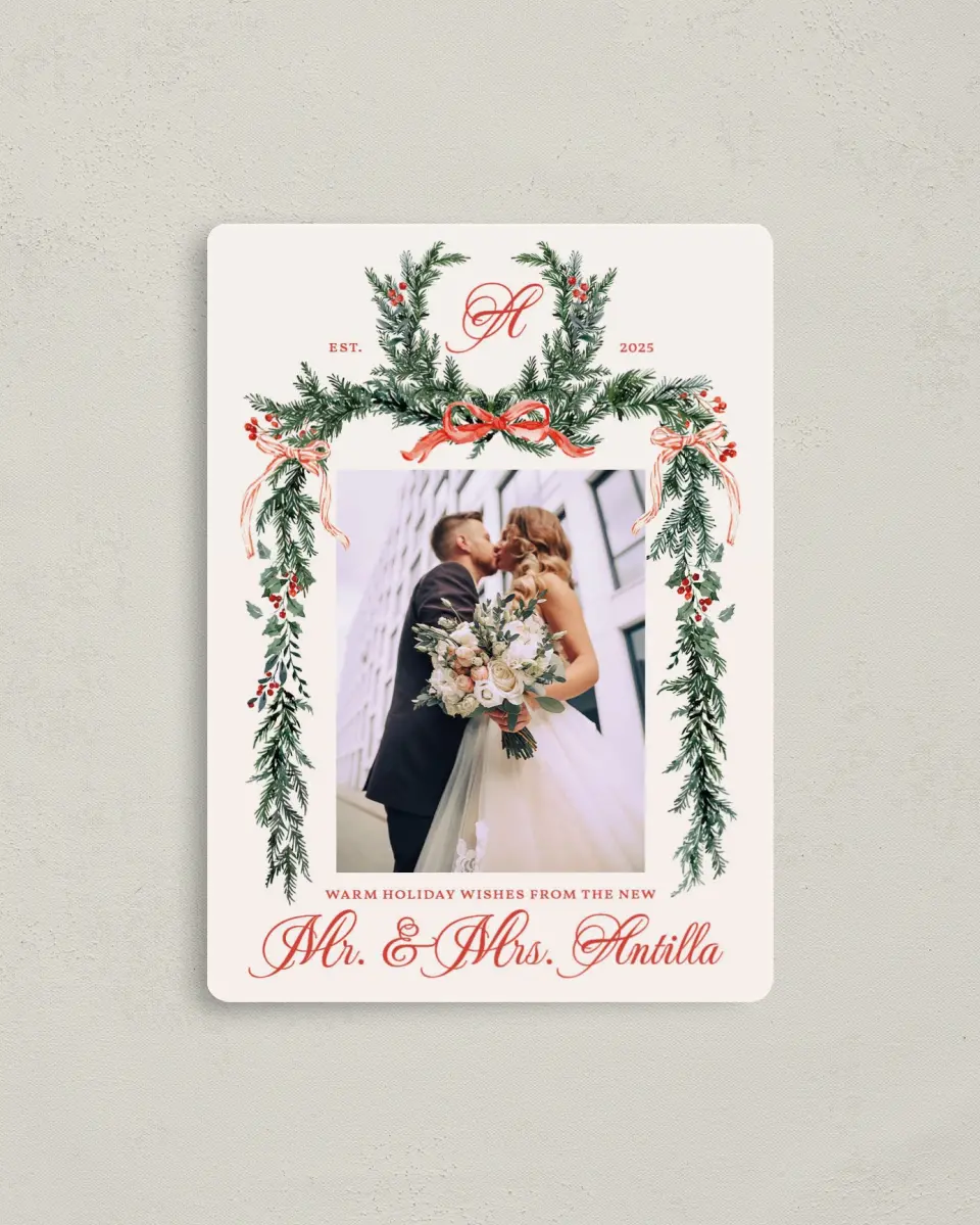 This is a 4" x 5½" Christmas Card called New Mr. & Mrs. printed in full color with a Luxe Satin finish
