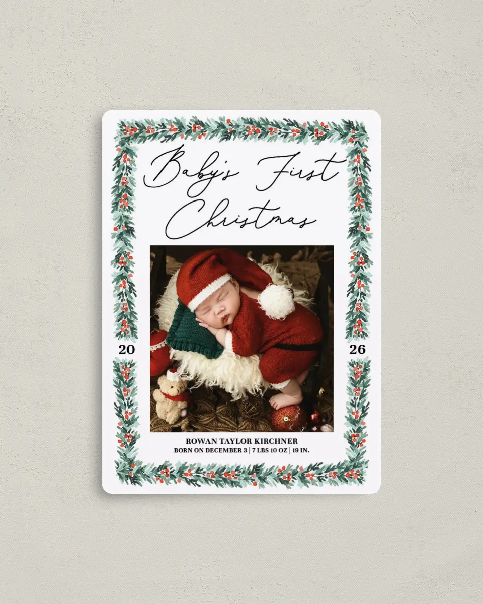 This is a 4" x 5½" Christmas Card called Holiday Baby printed in full color with Silver foil and a Luxe Satin finish