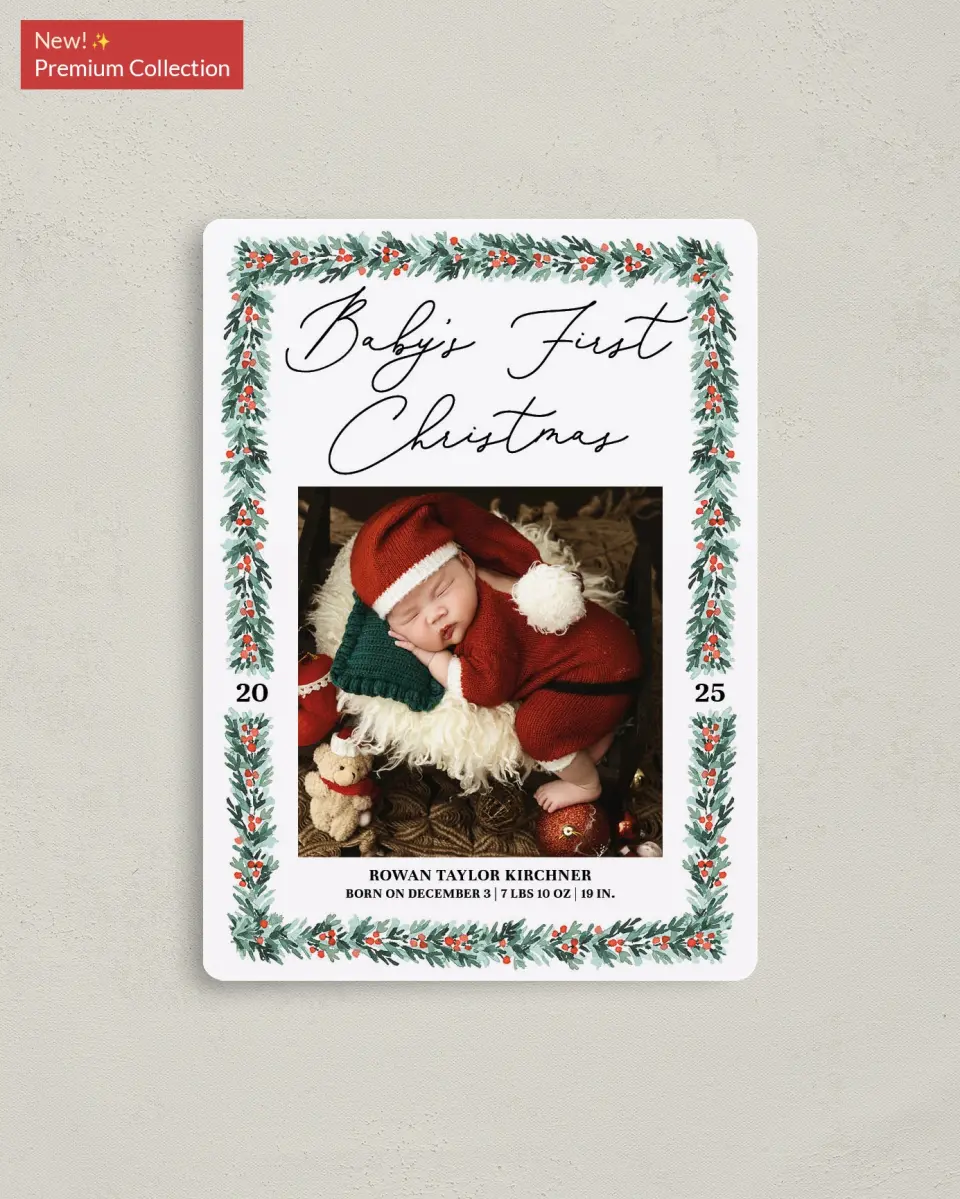 This is a 4" x 5½" Christmas Card called Holiday Baby printed in full color with Gold foil and a Luxe Satin finish