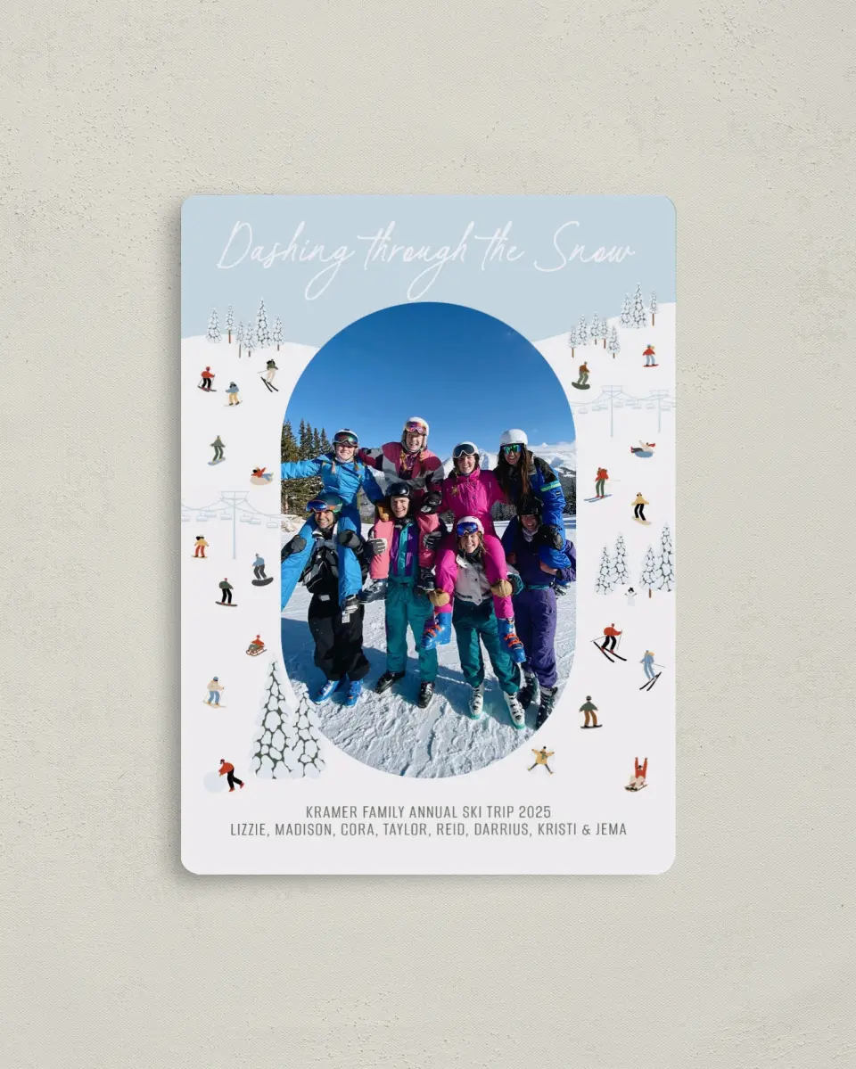 This is a 4" x 5½" Christmas Card called Dashing through the Snow printed in full color with a Luxe Satin finish