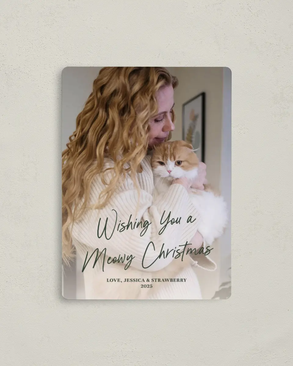 This is a 4" x 5½" Christmas Card called Meowy and Bright printed in full color with a Luxe Satin finish