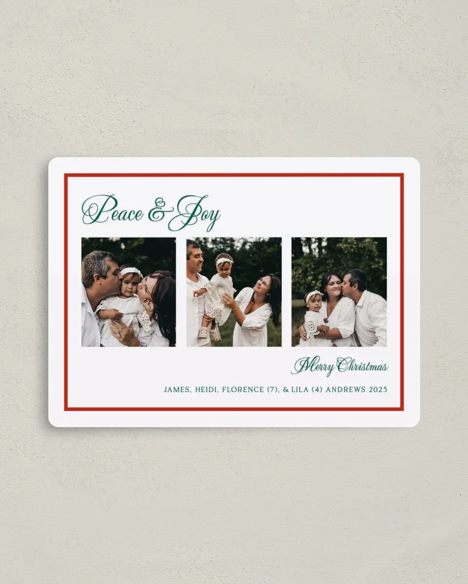 This is a 4" x 5½" Christmas Card called Framed Joy printed in full color with a Luxe Satin finish