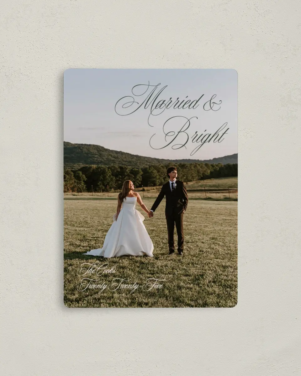 This is a 4" x 5½" Christmas Card called Married Joy printed in full color with a Luxe Satin finish