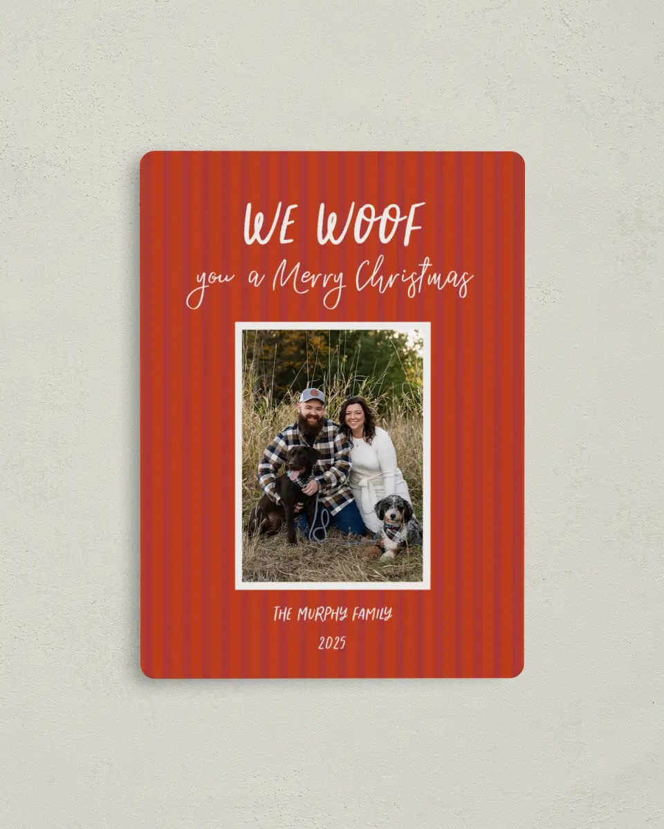 This is a 4" x 5½" Christmas Card called Pet Cheer printed in full color with Gold foil and a Luxe Satin finish