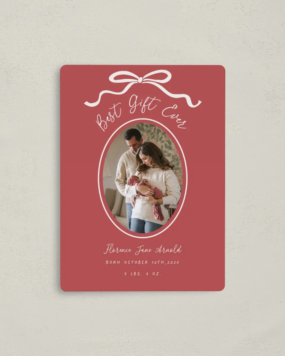 This is a 4" x 5½" Christmas Card called Joyful Addition printed in full color with Gold foil and a Luxe Satin finish