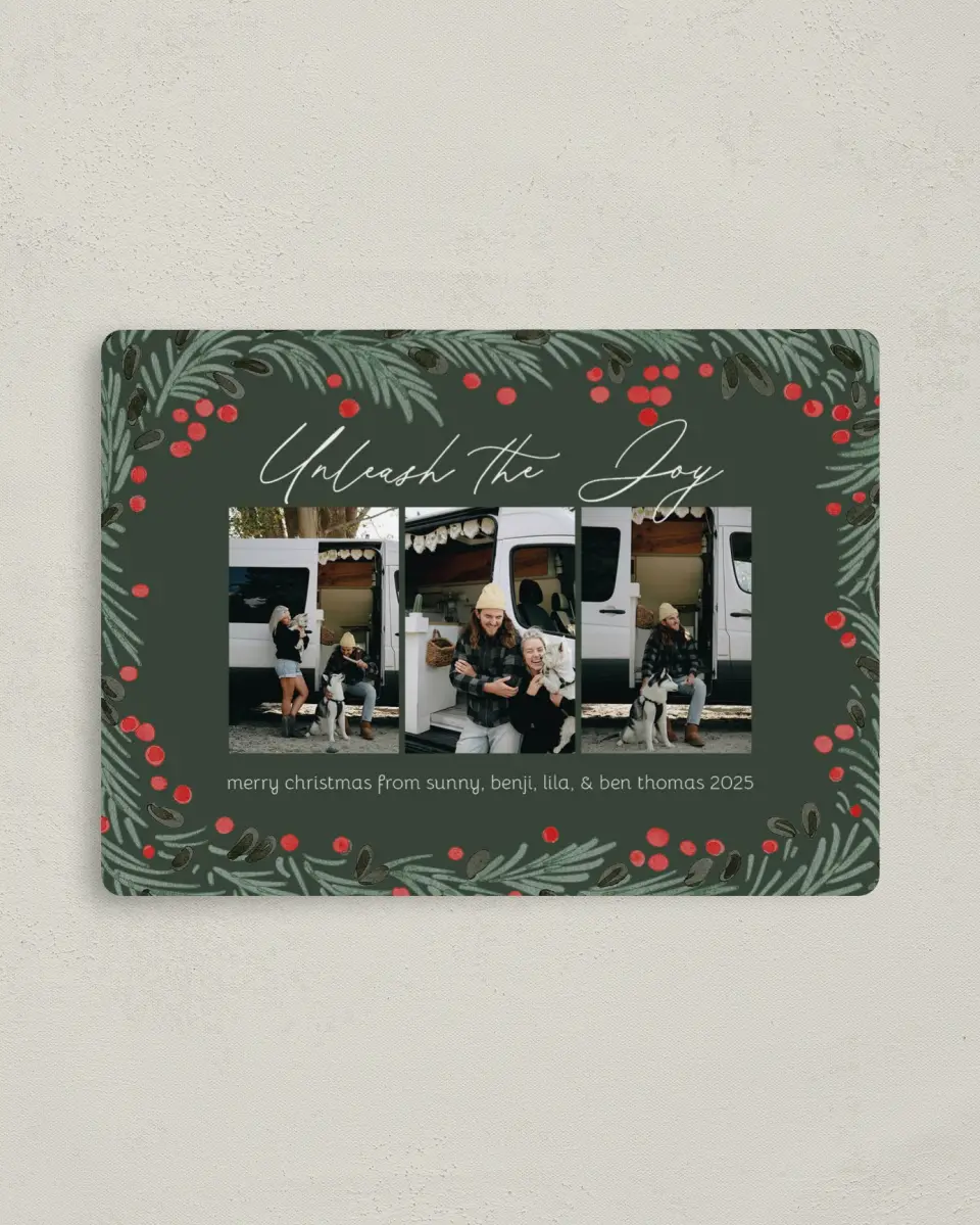 This is a 4" x 5½" Christmas Card called Unleash the Joy printed in full color with a Luxe Satin finish