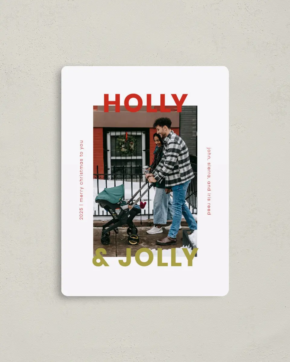 This is a 4" x 5½" Christmas Card called Jolly Joy printed in full color with a Luxe Satin finish