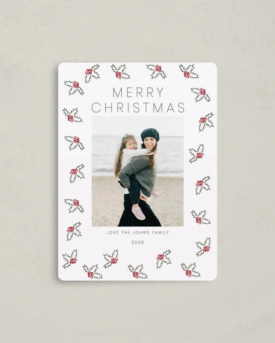 This is a 4" x 5½" Christmas Card called Ivy Hug printed in full color with Gold foil and a Luxe Satin finish