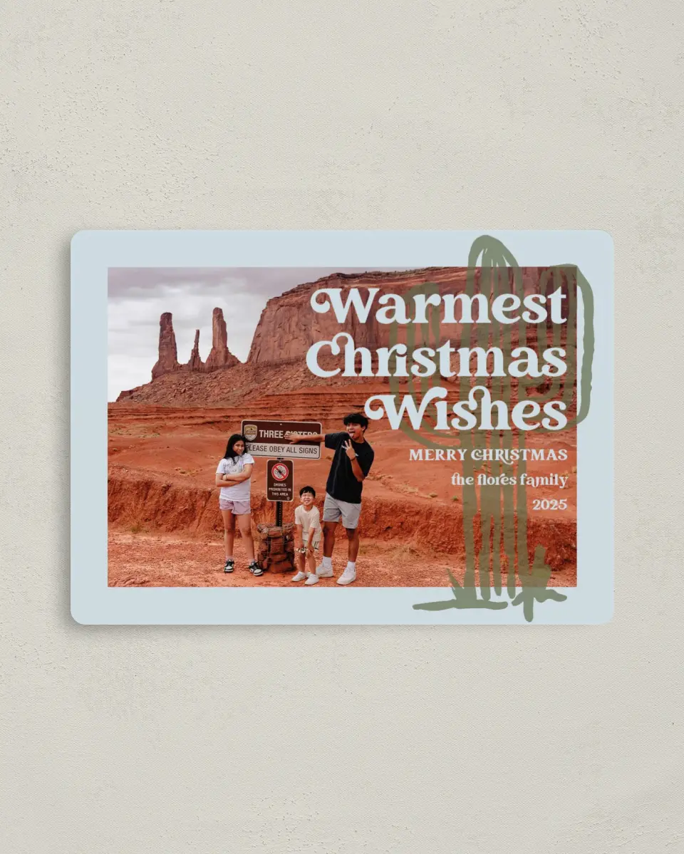 This is a 4" x 5½" Christmas Card called Desert Holiday printed in full color with Silver foil and a Luxe Satin finish