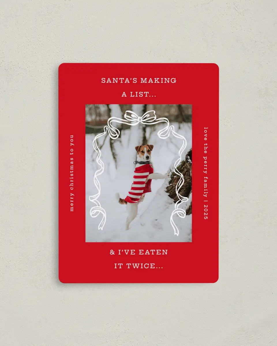 This is a 4" x 5½" Christmas Card called Santa's List printed in full color with a Luxe Satin finish