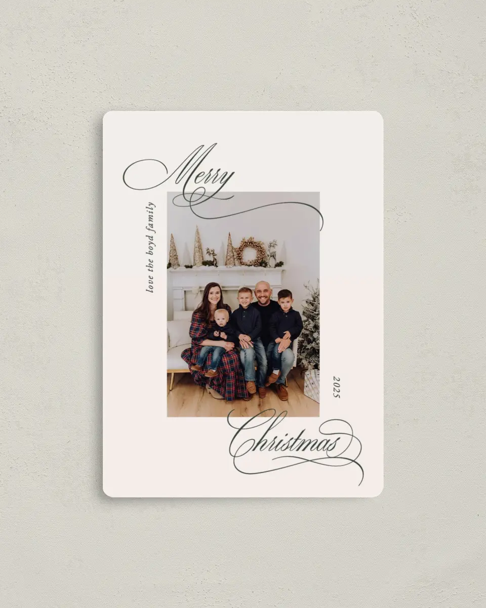 This is a 4" x 5½" Christmas Card called Script Christmas printed in full color with a Luxe Satin finish