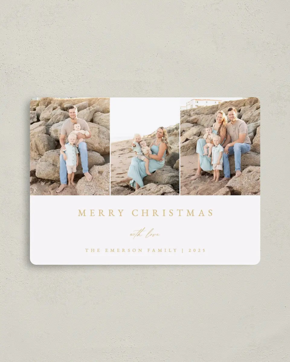 This is a 4" x 5½" Christmas Card called Golden Cheer printed in full color with a Luxe Satin finish