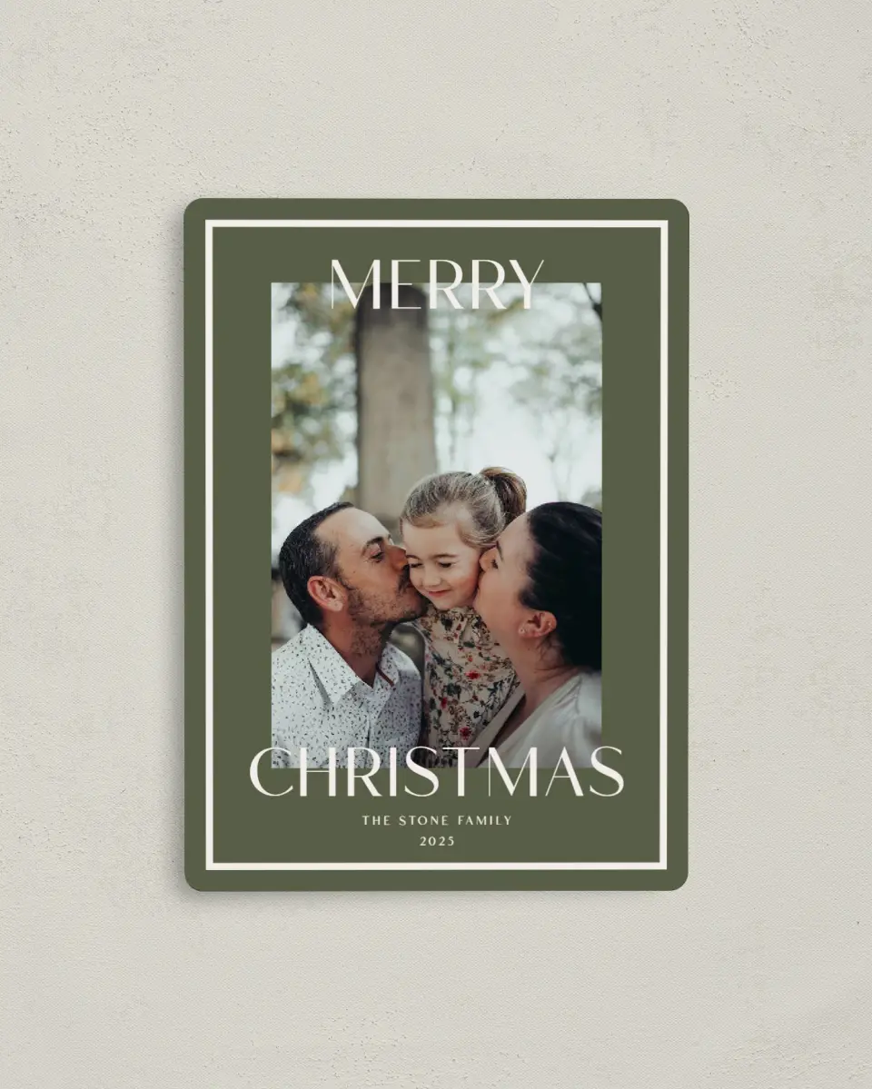 This is a 4" x 5½" Christmas Card called Framed Cheer printed in full color with a Luxe Satin finish