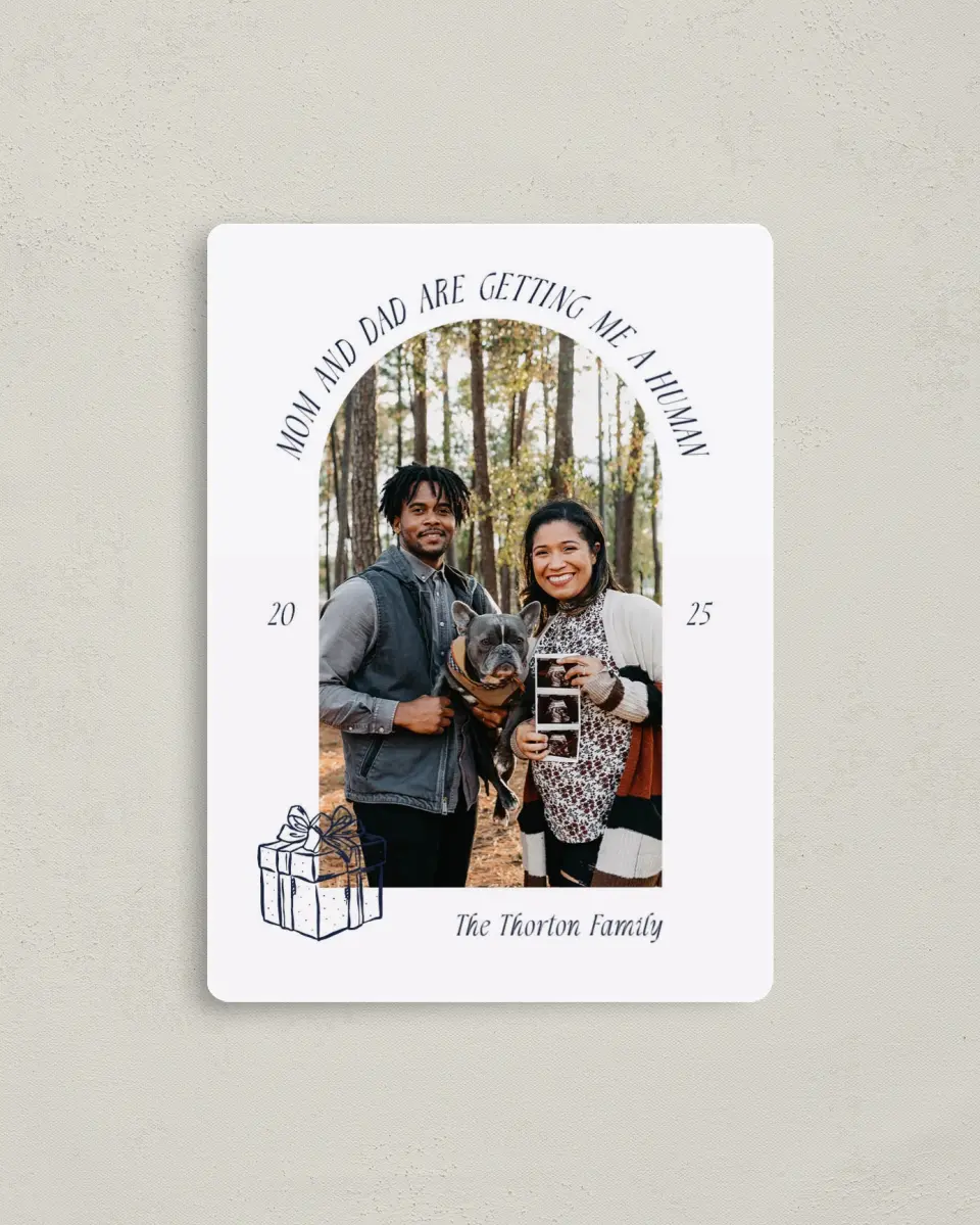 This is a 4" x 5½" Christmas Card called New Addition printed in full color with a Luxe Satin finish