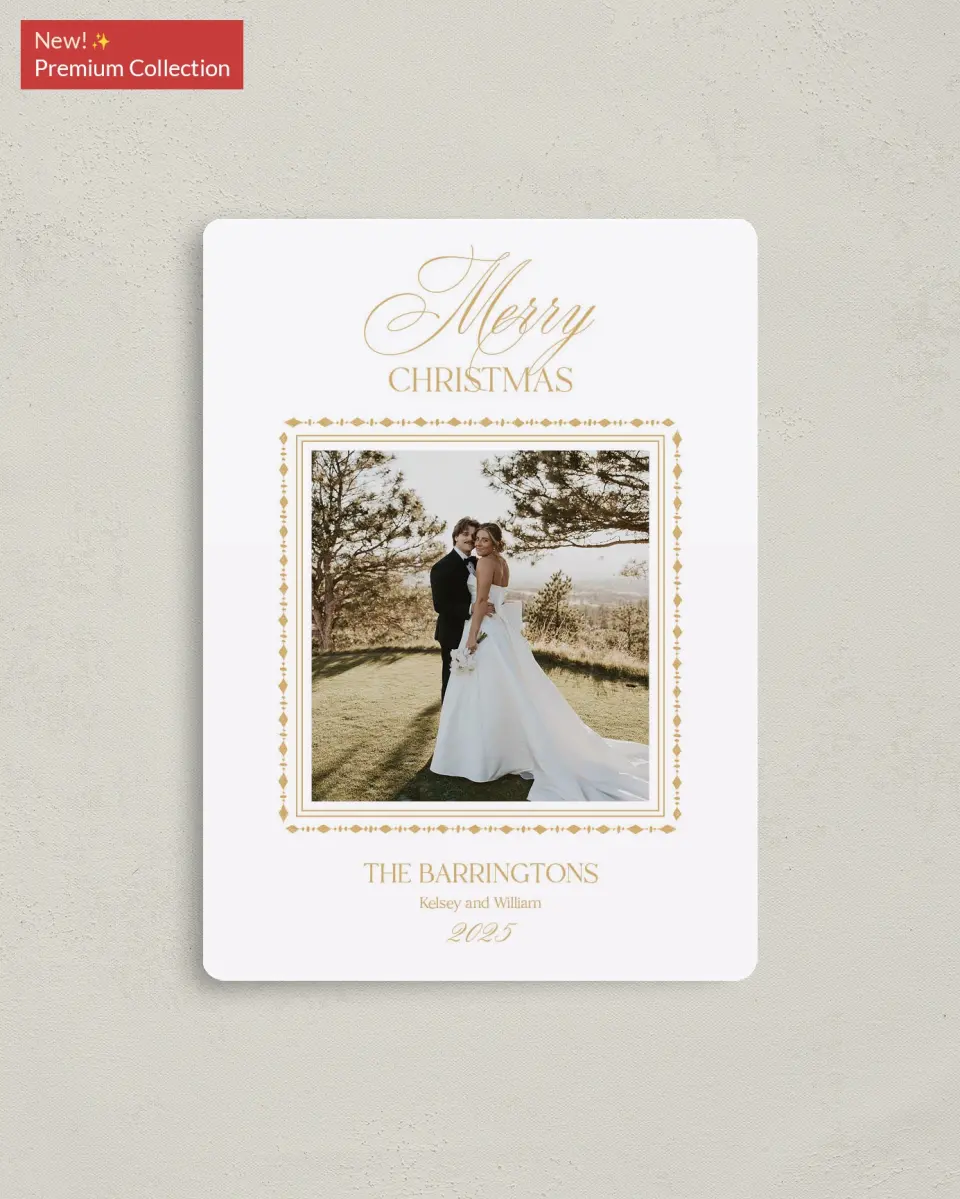 This is a 4" x 5½" Christmas Card called Golden Greetings printed in full color with Gold foil and a Luxe Satin finish