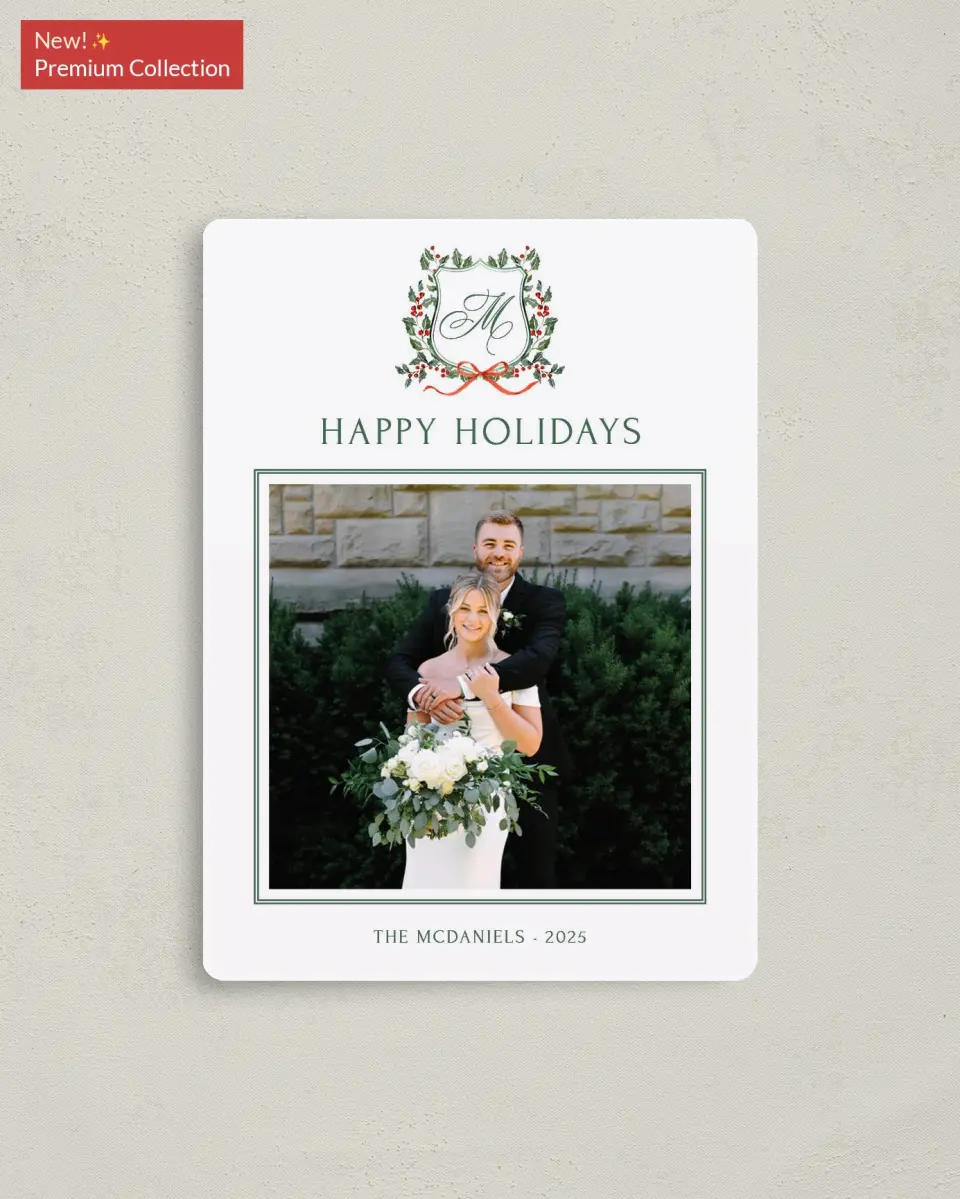 This is a 4" x 5½" Christmas Card called Newlywed Crest printed in full color with Gold foil and a Luxe Satin finish