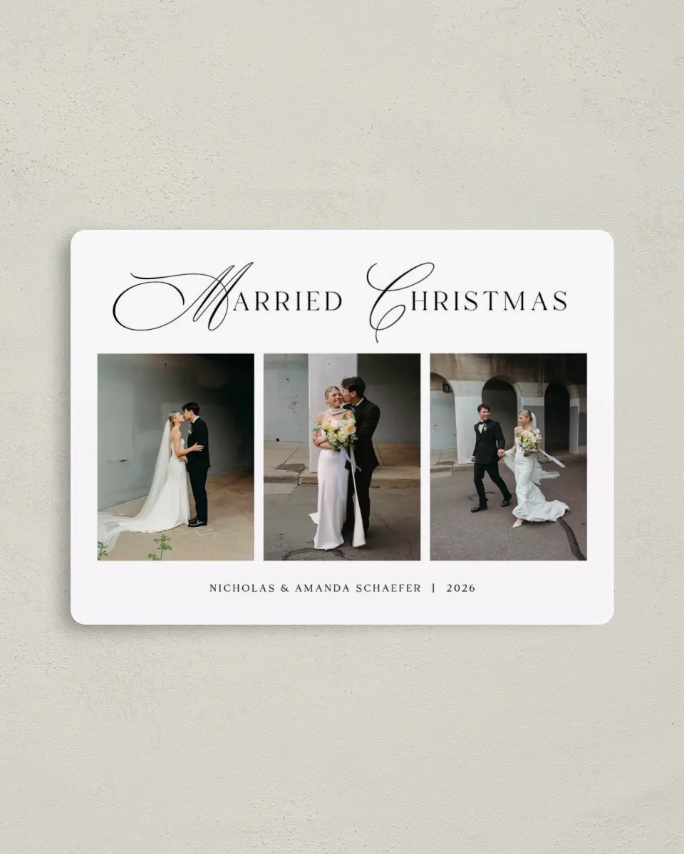 This is a 4" x 5½" Christmas Card called Elegant Wishes printed in full color with Gold foil and a Luxe Satin finish