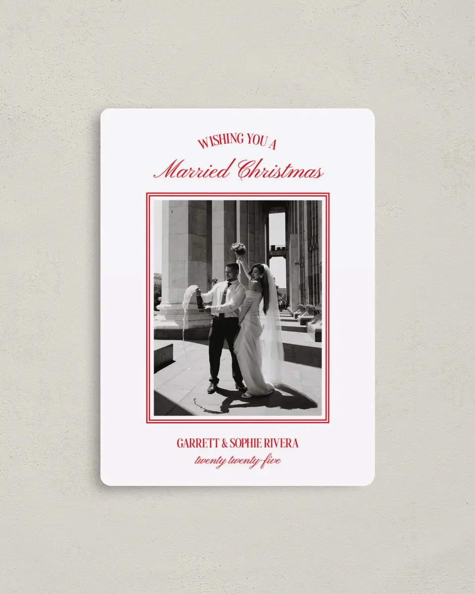 This is a 4" x 5½" Christmas Card called Regal Cheer printed in full color with a Luxe Satin finish