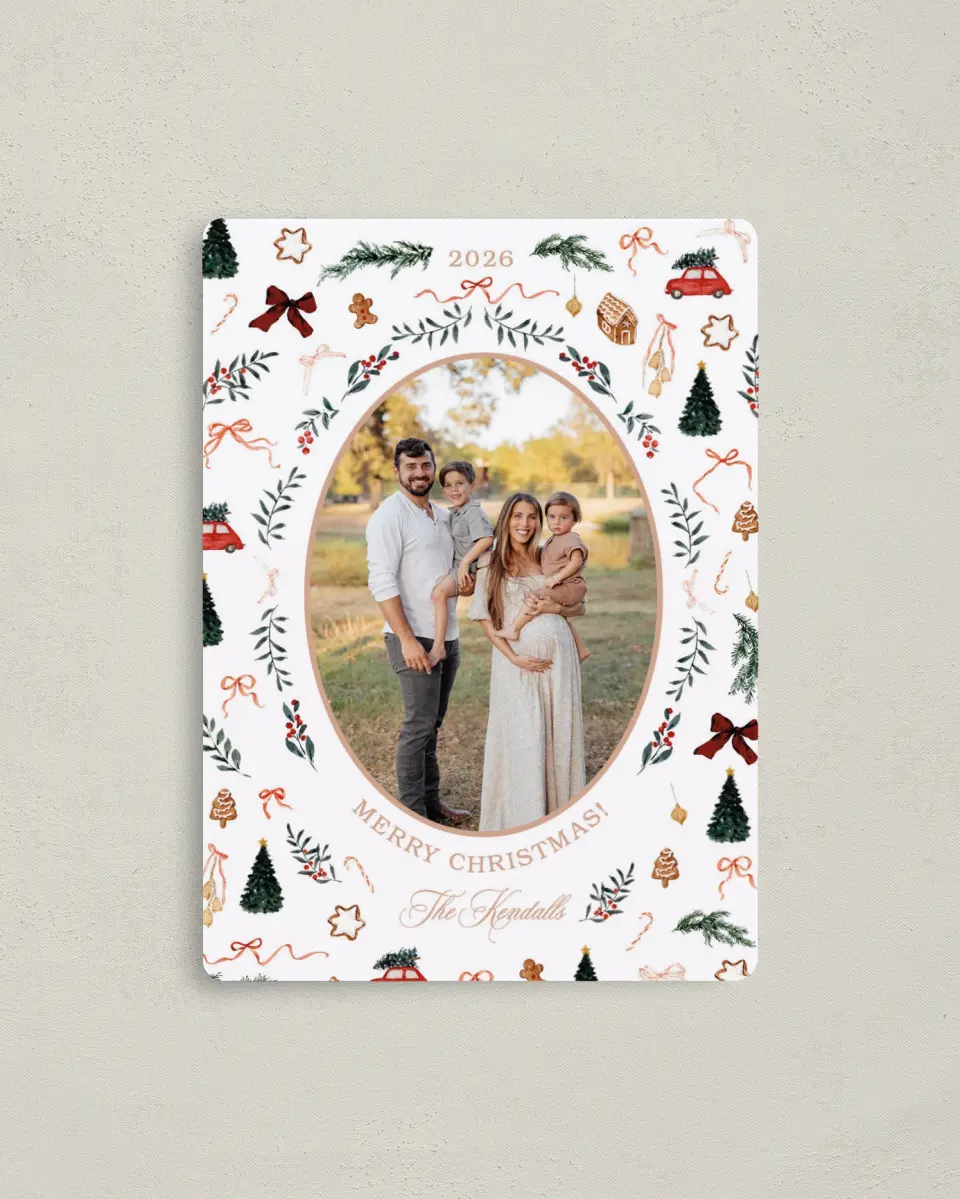 This is a 4" x 5½" Christmas Card called Joyful Tidings printed in full color with Gold foil and a Luxe Satin finish