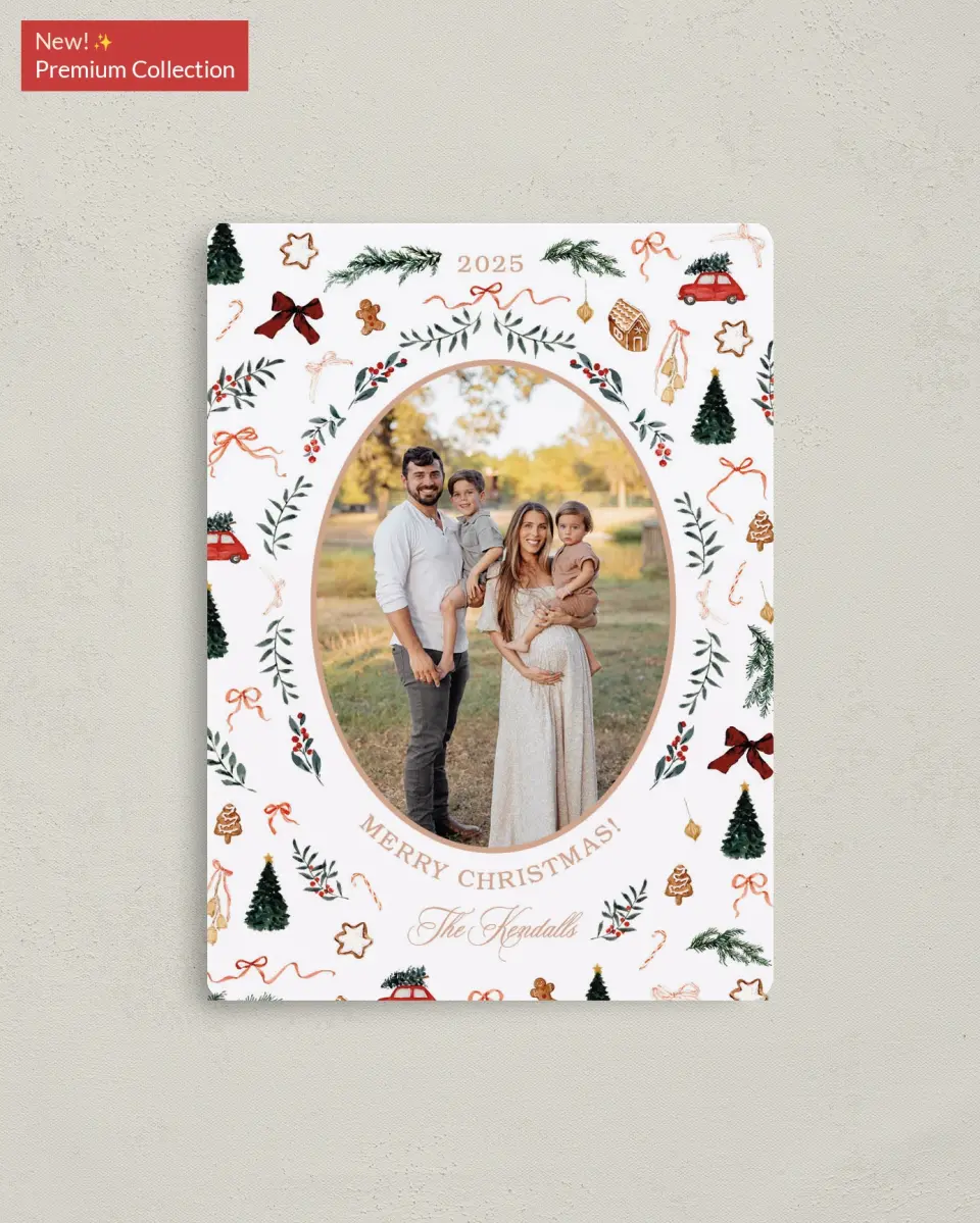 This is a 4" x 5½" Christmas Card called Joyful Tidings printed in full color with Gold foil and a Luxe Satin finish