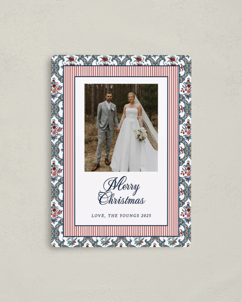 This is a 4" x 5½" Christmas Card called Winter Romance printed in full color with Silver foil and a Luxe Satin finish