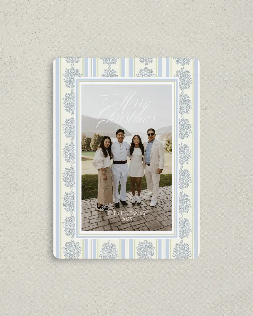 This is a 4" x 5½" Christmas Card called Holiday Damask printed in full color with Silver foil and a Luxe Satin finish
