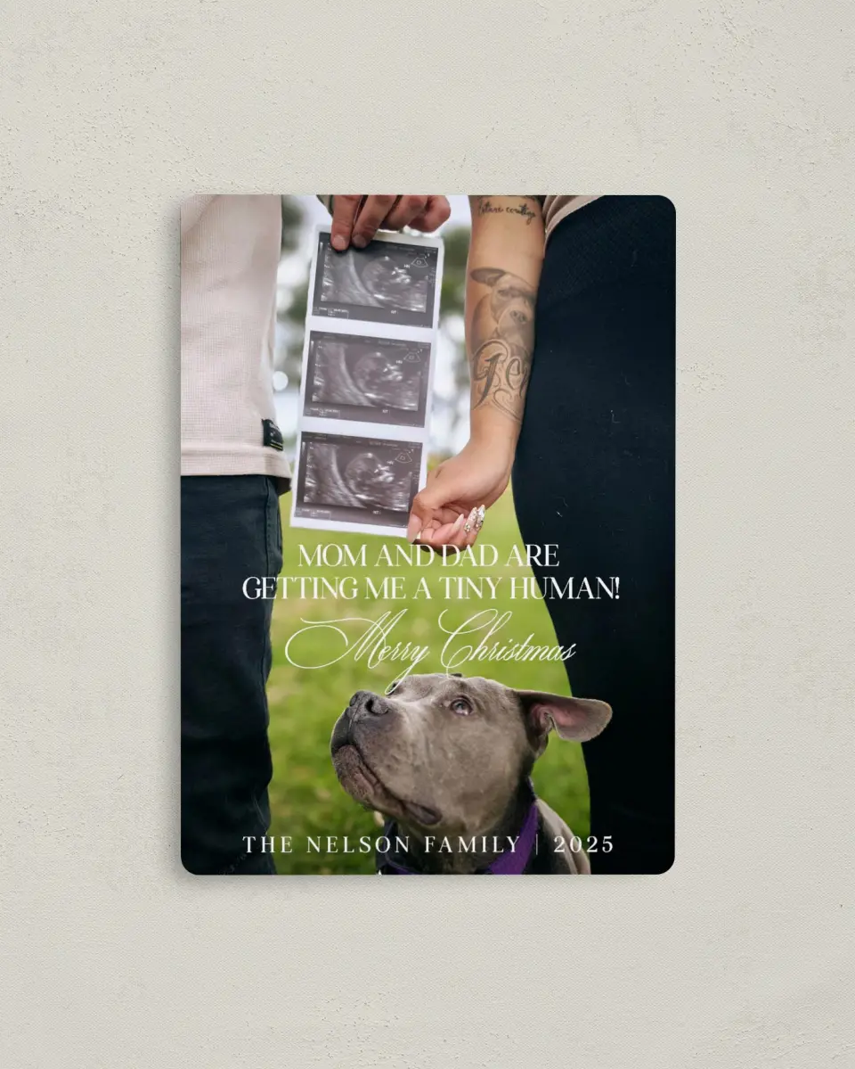 This is a 4" x 5½" Christmas Card called Paws & Presents printed in full color with a Luxe Satin finish