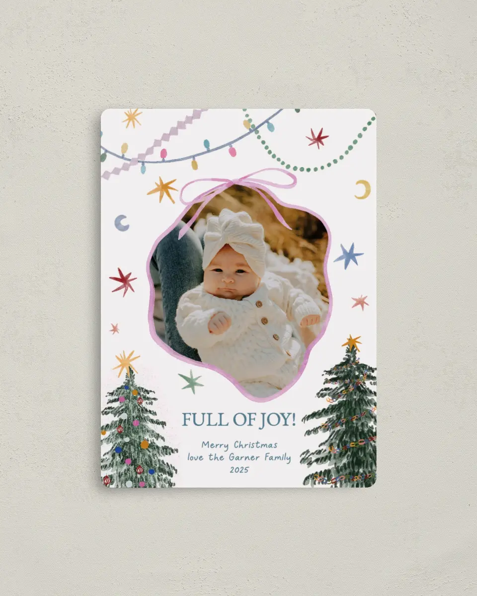 This is a 4" x 5½" Christmas Card called Joy Filled Christmas printed in full color with Silver foil and a Luxe Satin finish