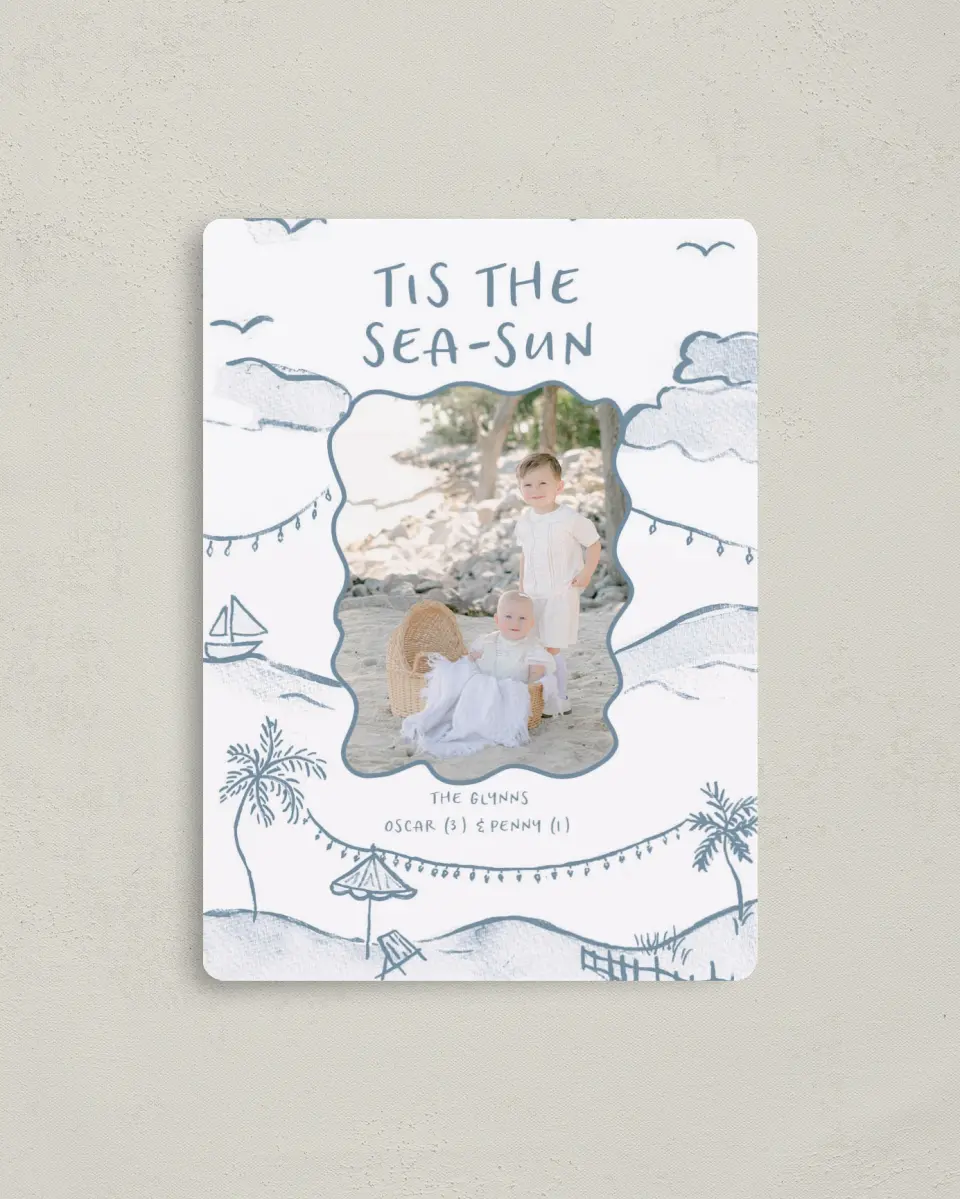 This is a 4" x 5½" Christmas Card called Tis the Sea-Sun printed in full color with Gold foil and a Luxe Satin finish
