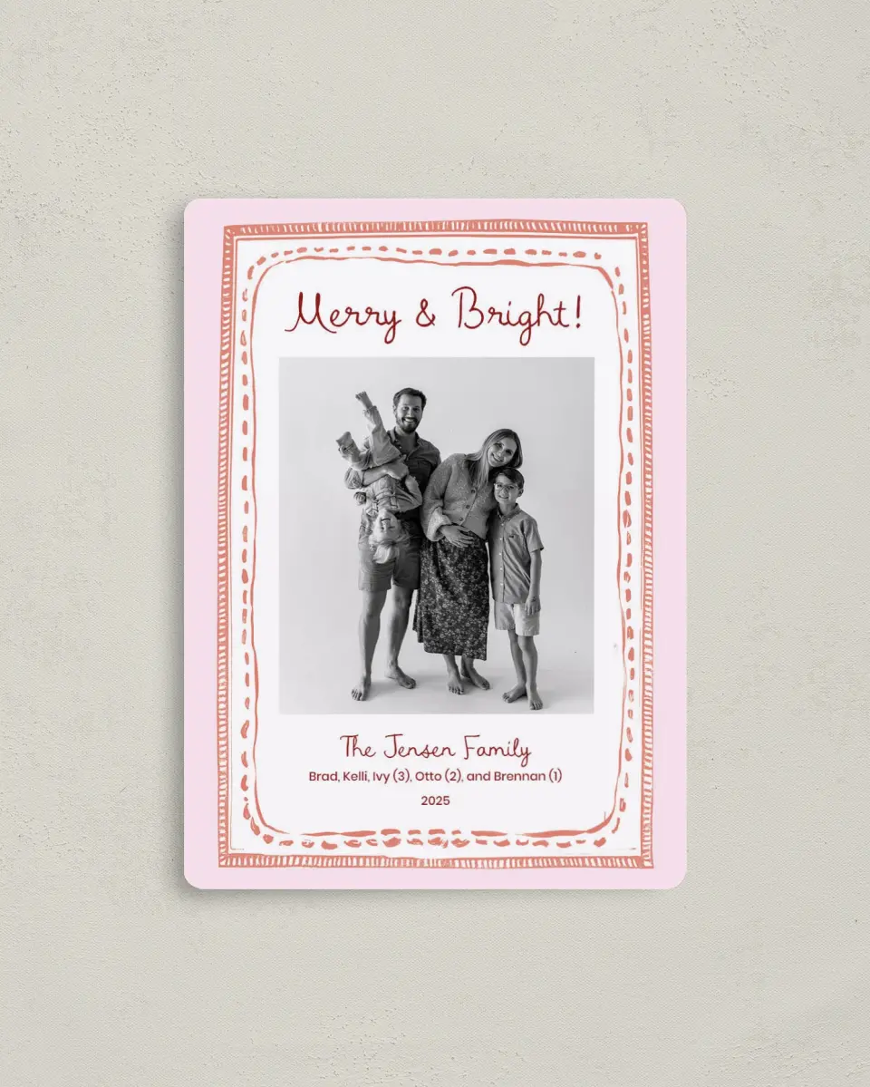 This is a 4" x 5½" Christmas Card called Merry & Bright printed in full color with Gold foil and a Luxe Satin finish