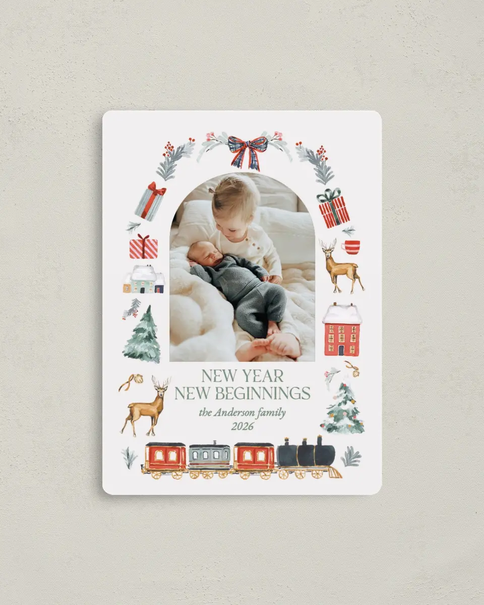This is a 4" x 5½" Christmas Card called Vintage Train printed in full color with Silver foil and a Luxe Satin finish