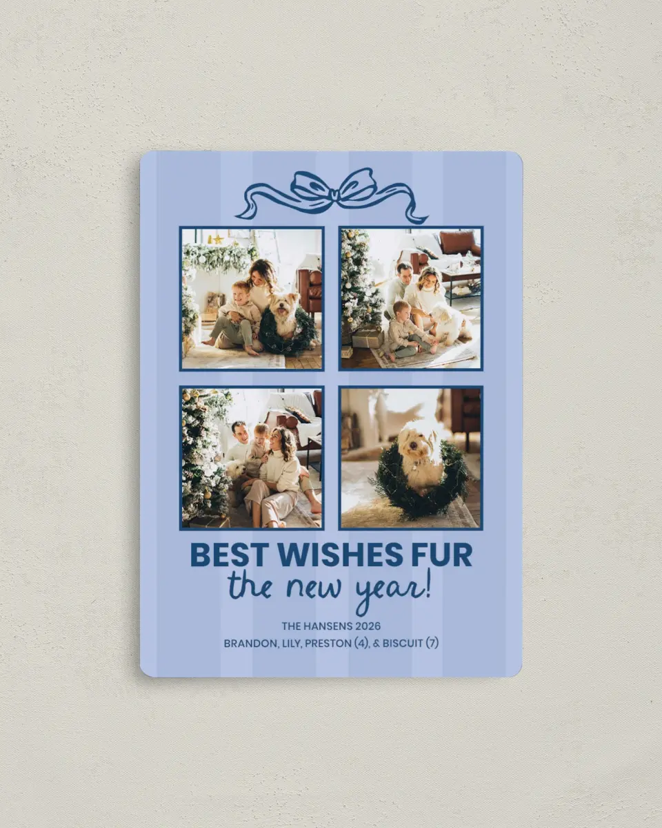 This is a 4" x 5½" Christmas Card called Fur Wishes printed in full color with Gold foil and a Luxe Satin finish