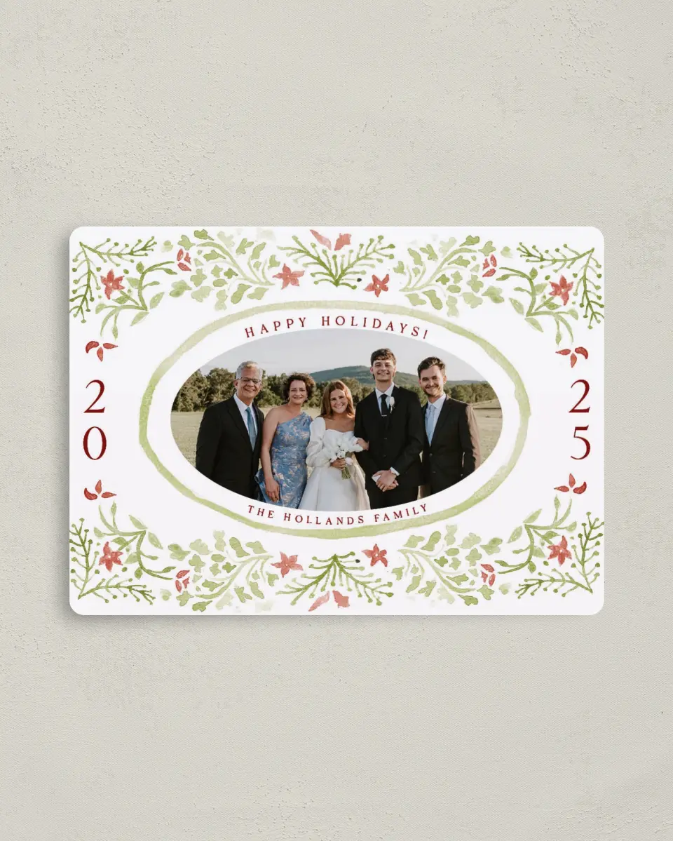 This is a 4" x 5½" Christmas Card called Festive Frame printed in full color with Silver foil and a Luxe Satin finish