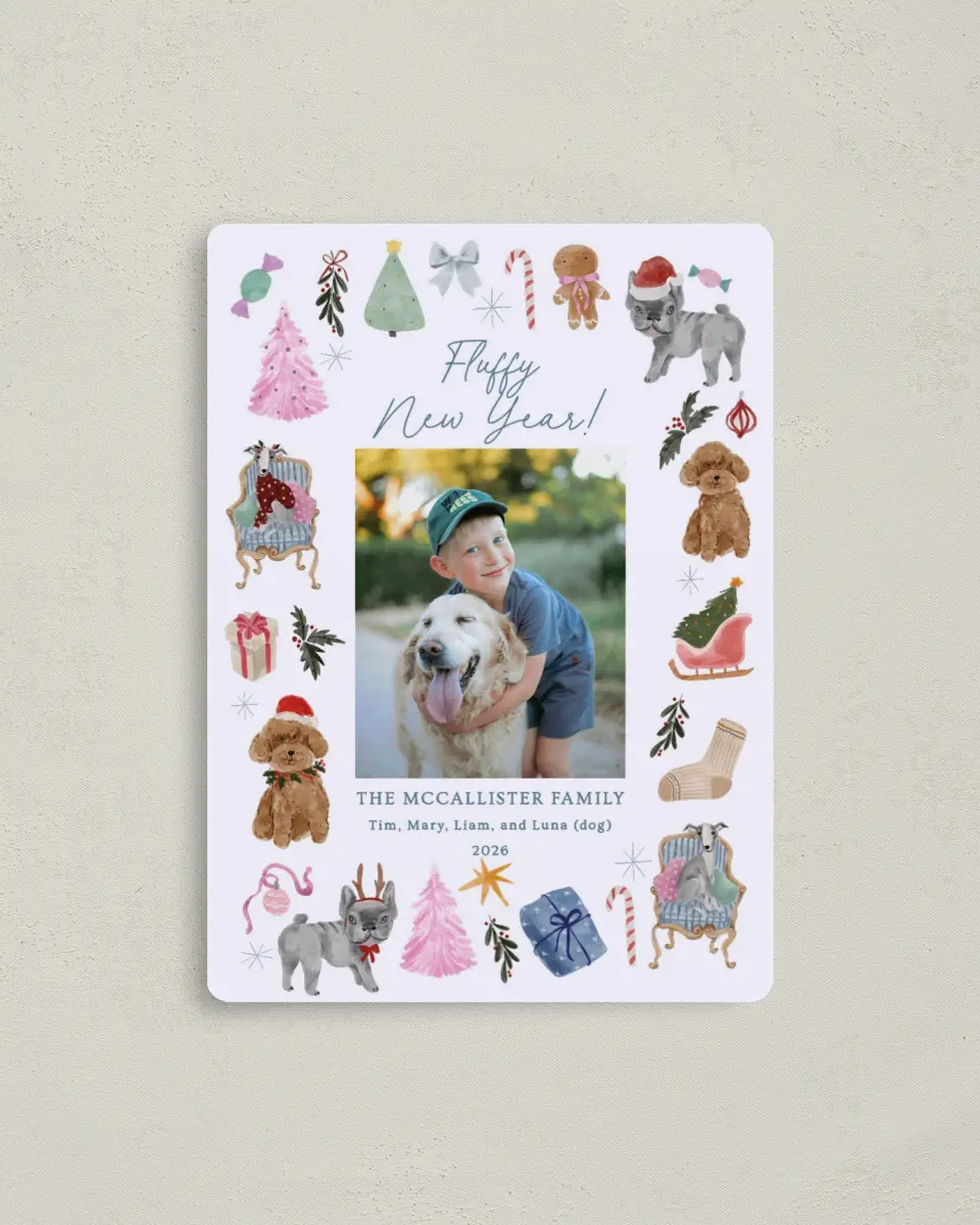 This is a 4" x 5½" Christmas Card called Fluffy New Year printed in full color with Silver foil and a Luxe Satin finish
