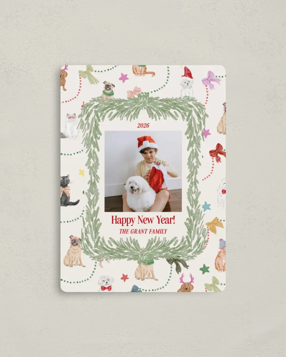 This is a 4" x 5½" Christmas Card called Paws & Joy printed in full color with Silver foil and a Luxe Satin finish