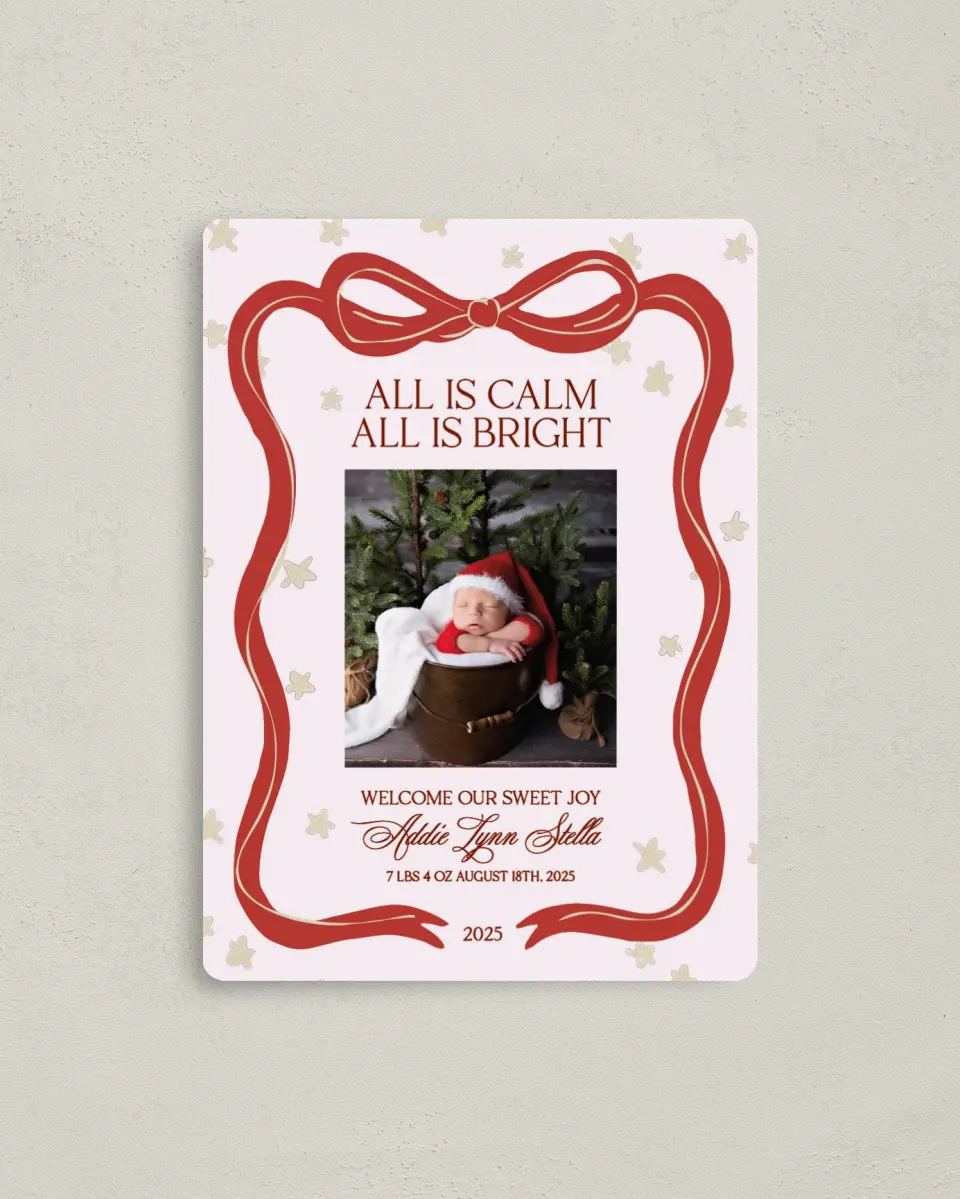 This is a 4" x 5½" Christmas Card called All is Bright printed in full color with Gold foil and a Luxe Satin finish