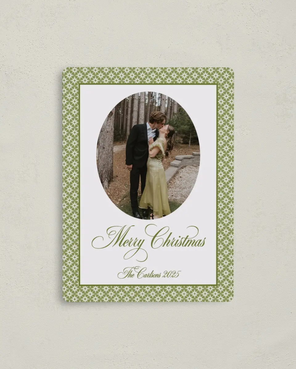 This is a 4" x 5½" Christmas Card called Holly & Pine printed in full color with Silver foil and a Luxe Satin finish
