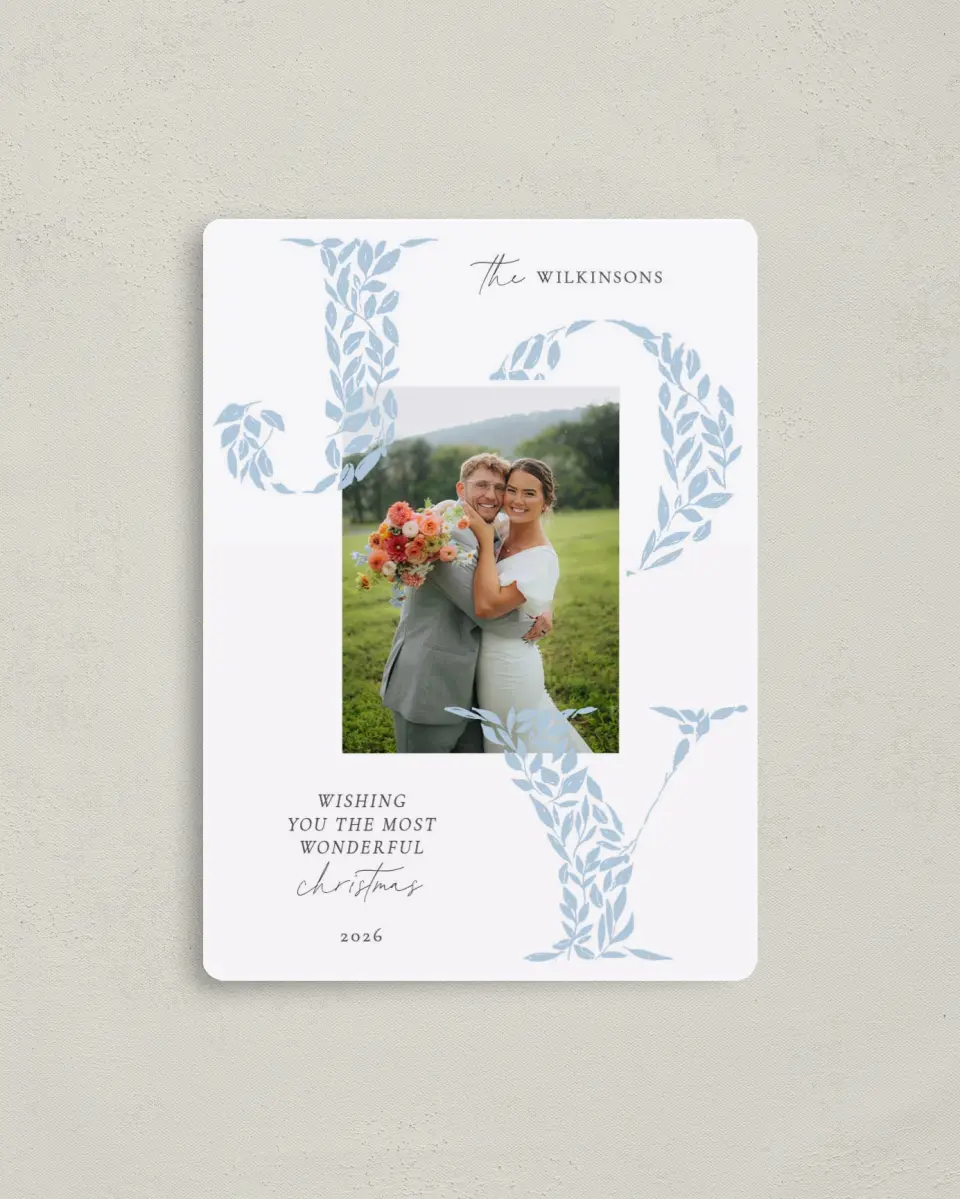 This is a 4" x 5½" Christmas Card called Gilded Joy printed in full color with Silver foil and a Luxe Satin finish