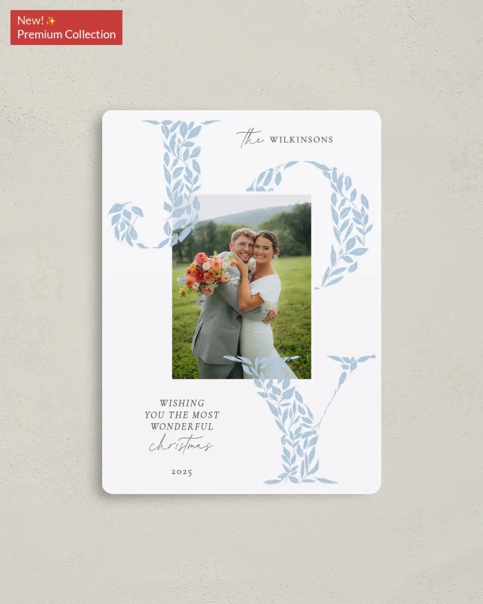 This is a 4" x 5½" Christmas Card called Gilded Joy printed in full color with Gold foil and a Luxe Satin finish