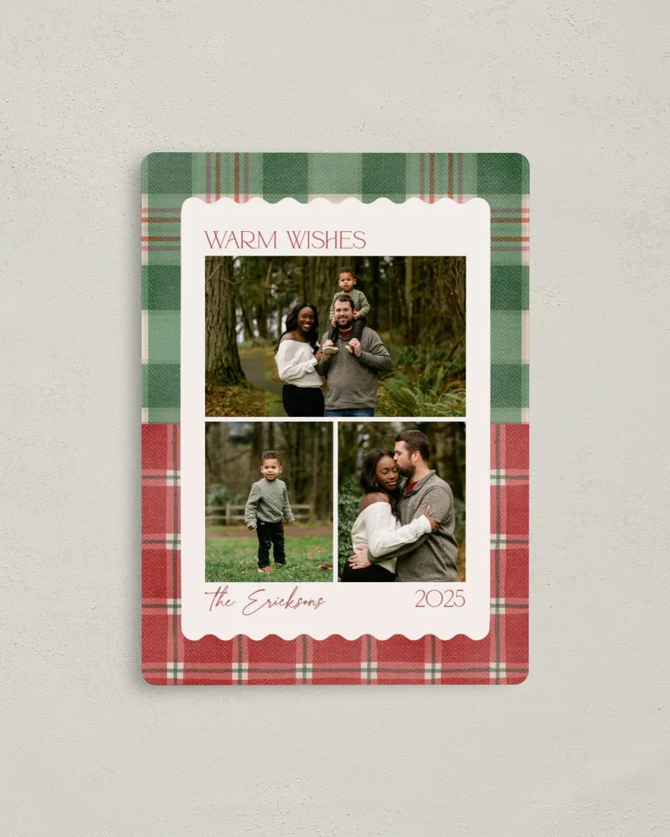 This is a 4" x 5½" Christmas Card called Plaid Pairing printed in full color with a Luxe Satin finish