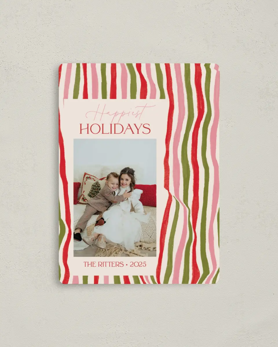 This is a 4" x 5½" Christmas Card called Candy Stripes printed in full color with a Luxe Satin finish