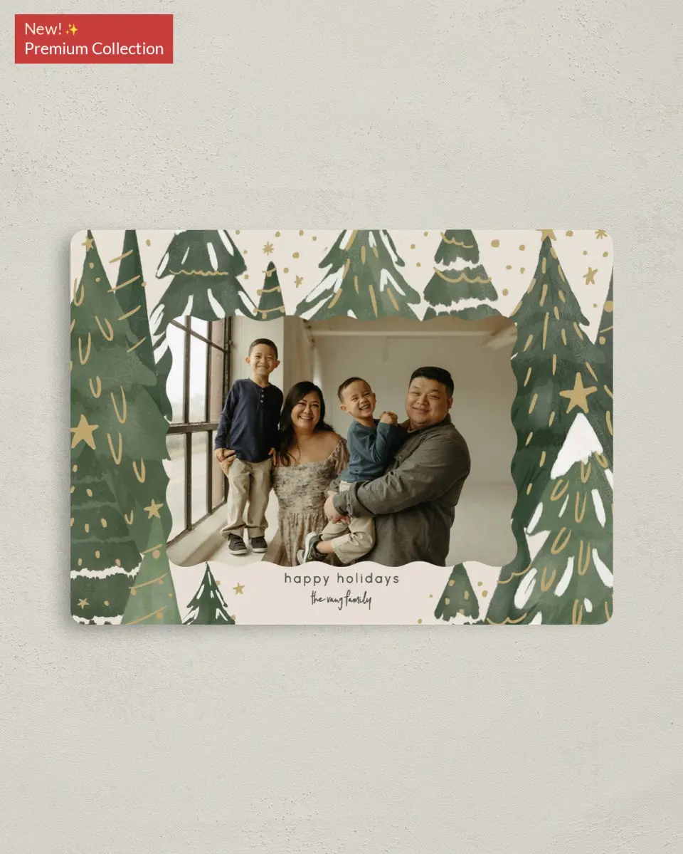 This is a 4" x 5½" Christmas Card called Gilded Pines printed in full color with Gold foil and a Luxe Satin finish