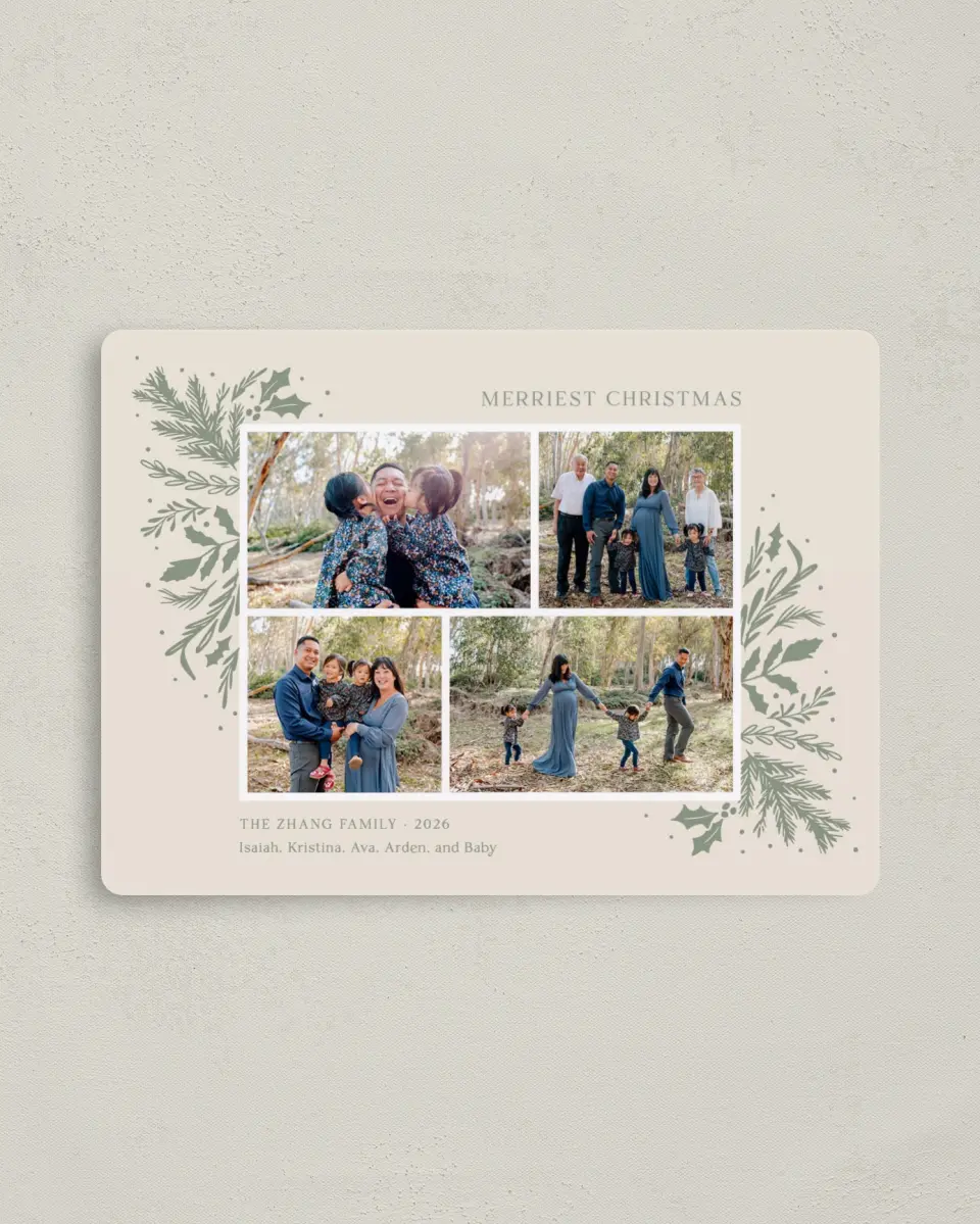 This is a 4" x 5½" Christmas Card called Bountiful Branches printed in full color with Gold foil and a Luxe Satin finish