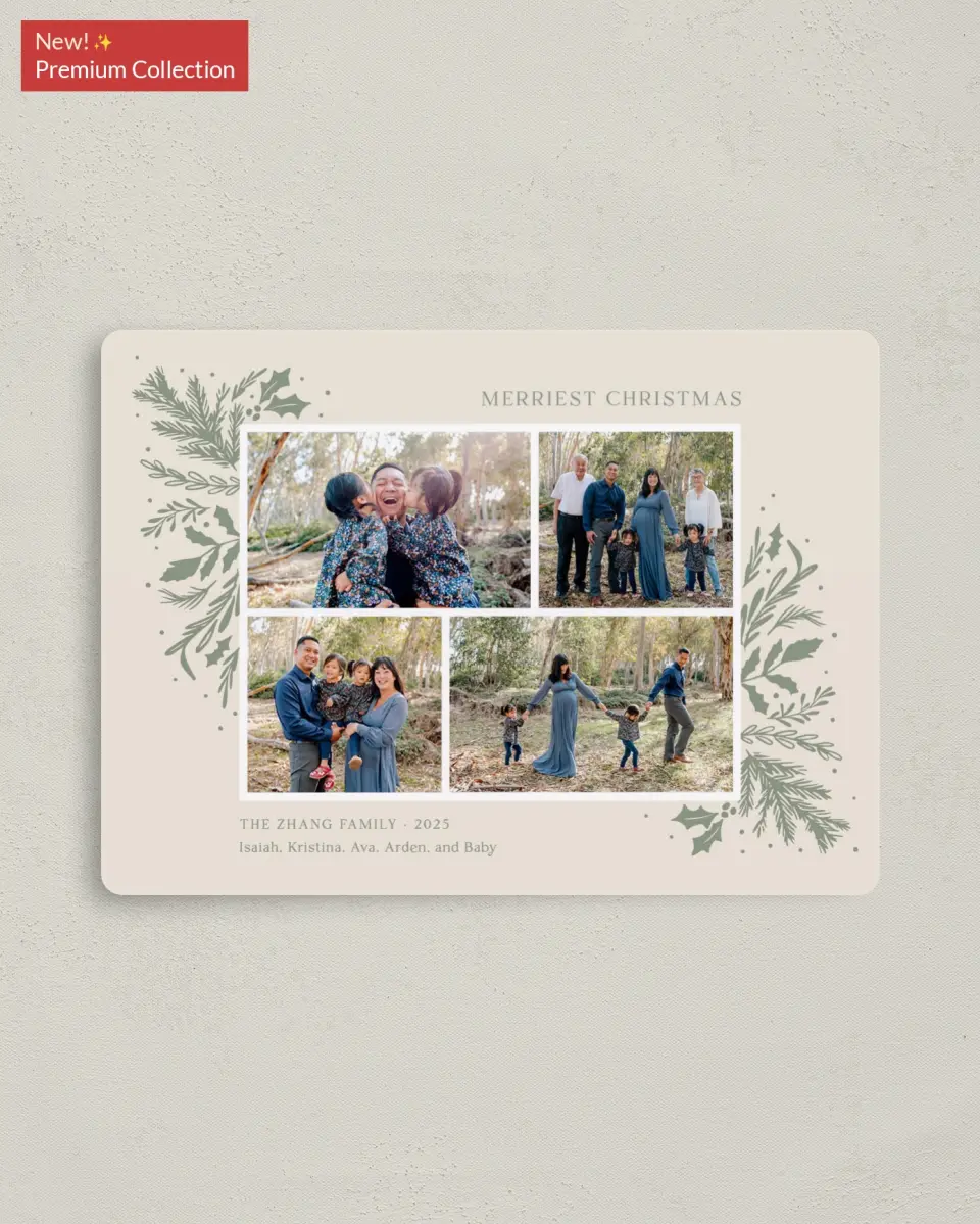 This is a 4" x 5½" Christmas Card called Bountiful Branches printed in full color with Gold foil and a Luxe Satin finish