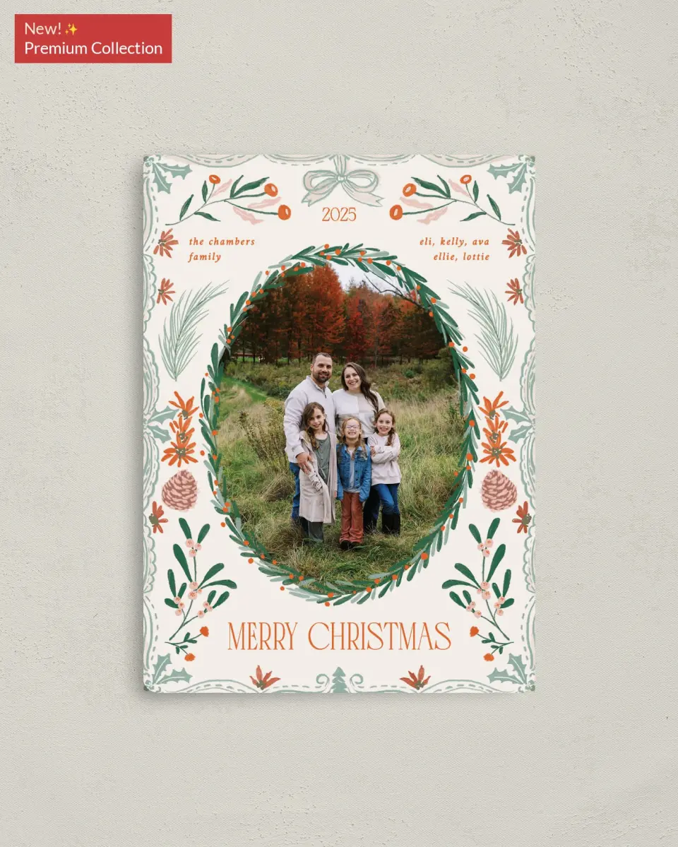 This is a 4" x 5½" Christmas Card called Holiday Grove printed in full color with Gold foil and a Luxe Satin finish