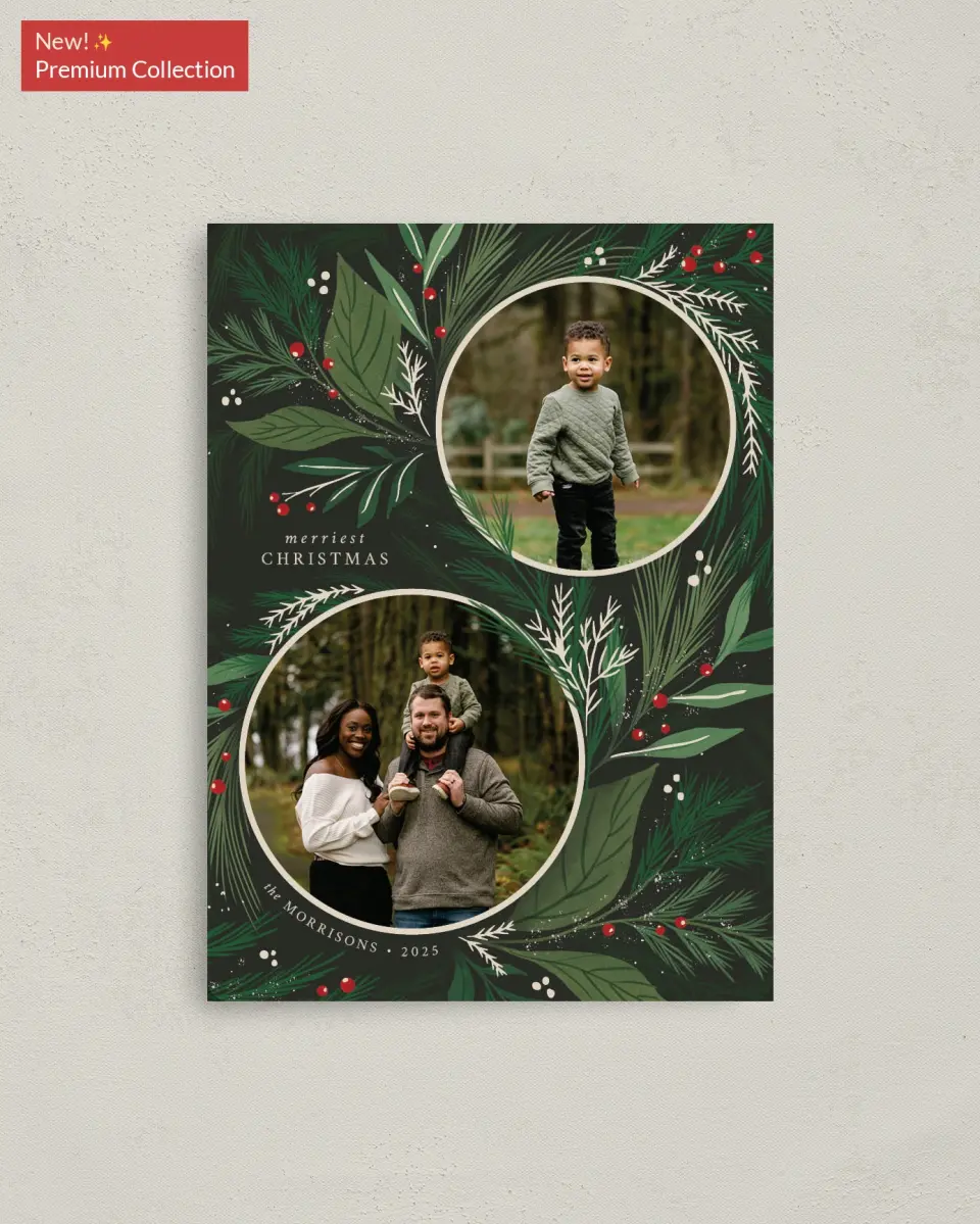 This is a 4" x 5½" Christmas Card called Festive Greenery printed in full color with Gold foil and a Luxe Satin finish
