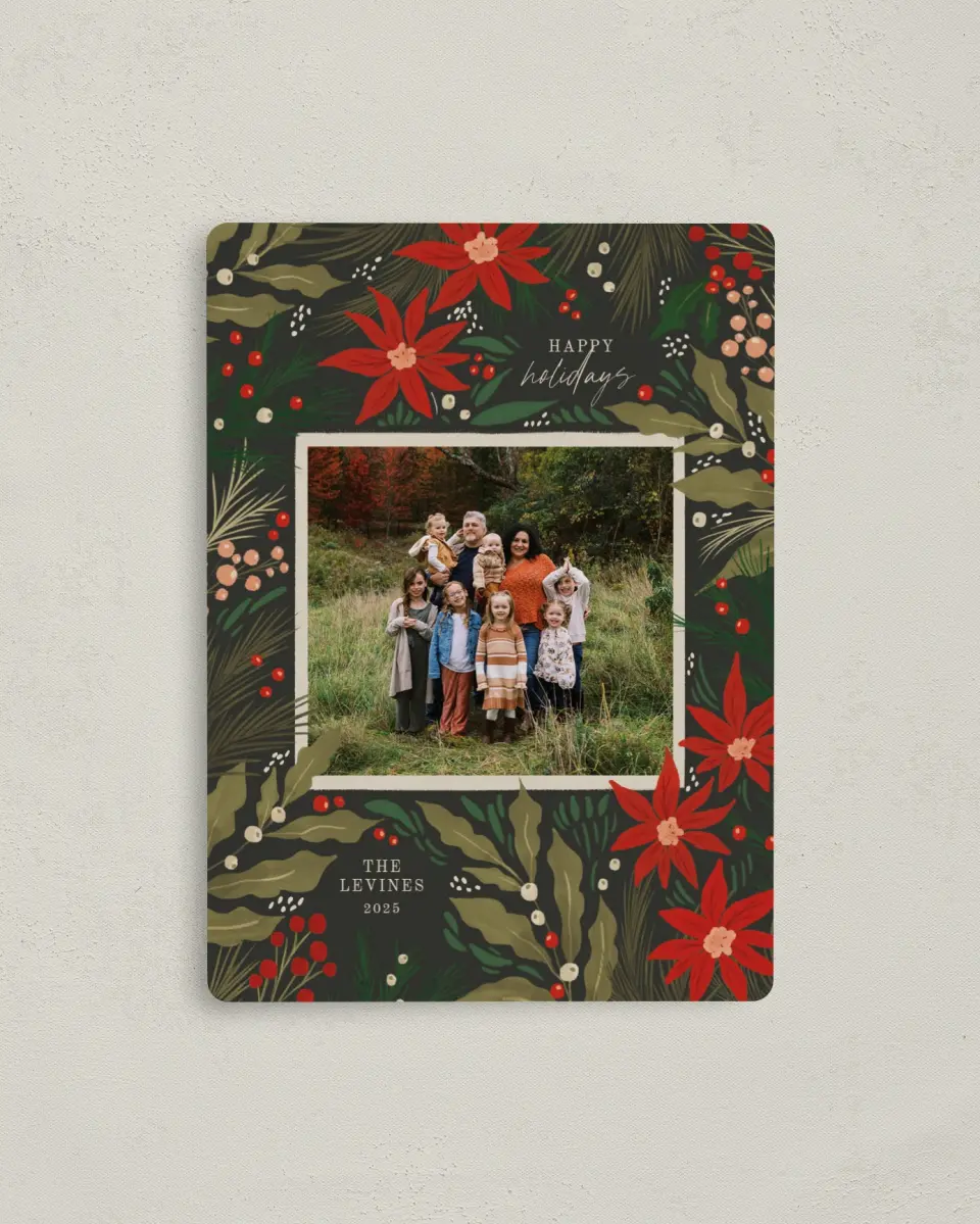 This is a 4" x 5½" Christmas Card called Pretty Poinsettia printed in full color with a Luxe Satin finish