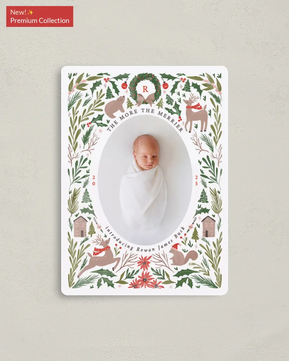 This is a 4" x 5½" Christmas Card called Woodland Blessing printed in full color with Gold foil and a Luxe Satin finish