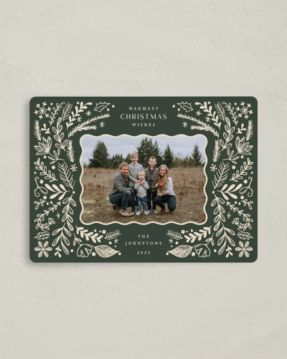 This is a 4" x 5½" Christmas Card called Merry Boughs printed in full color with Gold foil and a Luxe Satin finish